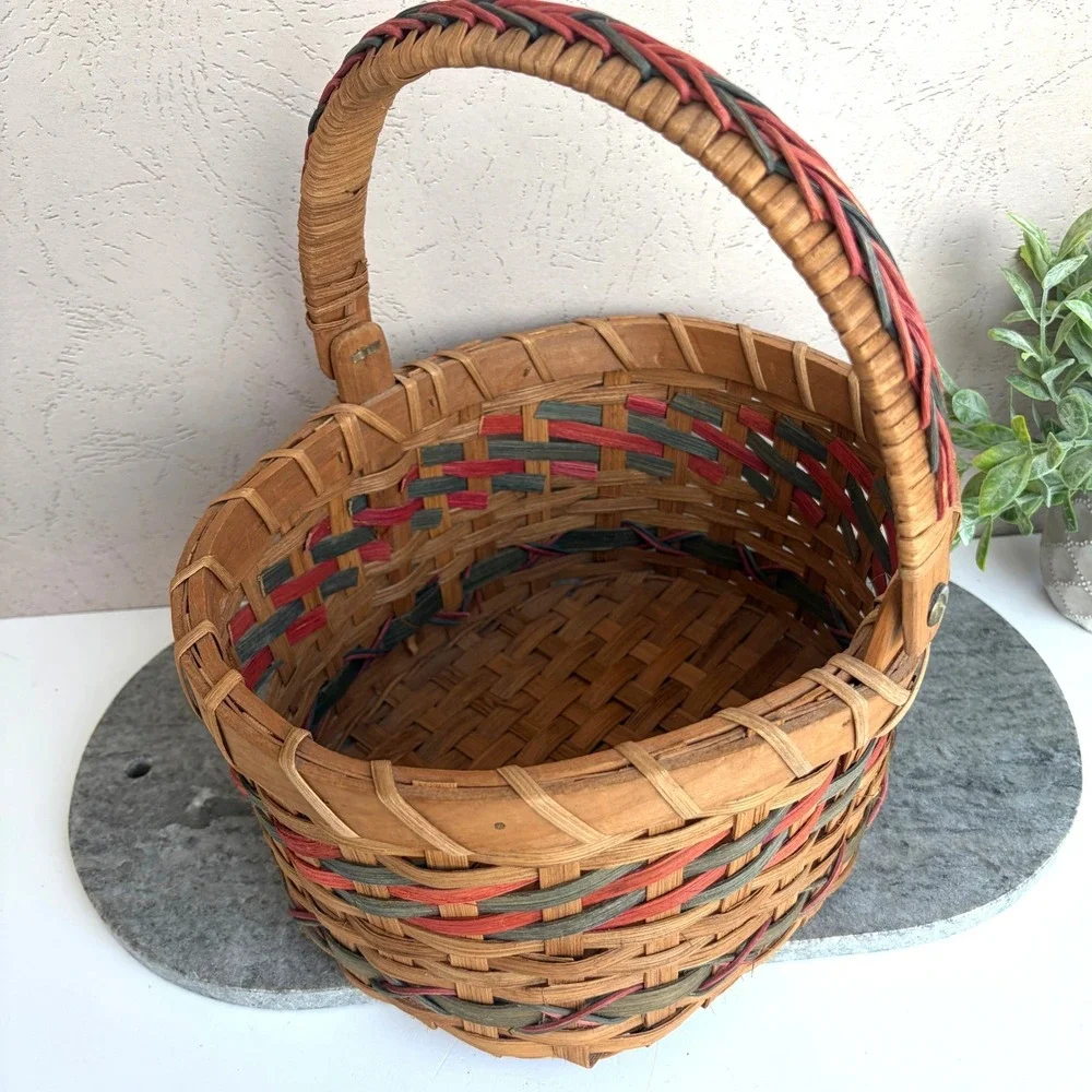 Vintage Style Woven Splint Oval Basket with Handle Red and Green Accents